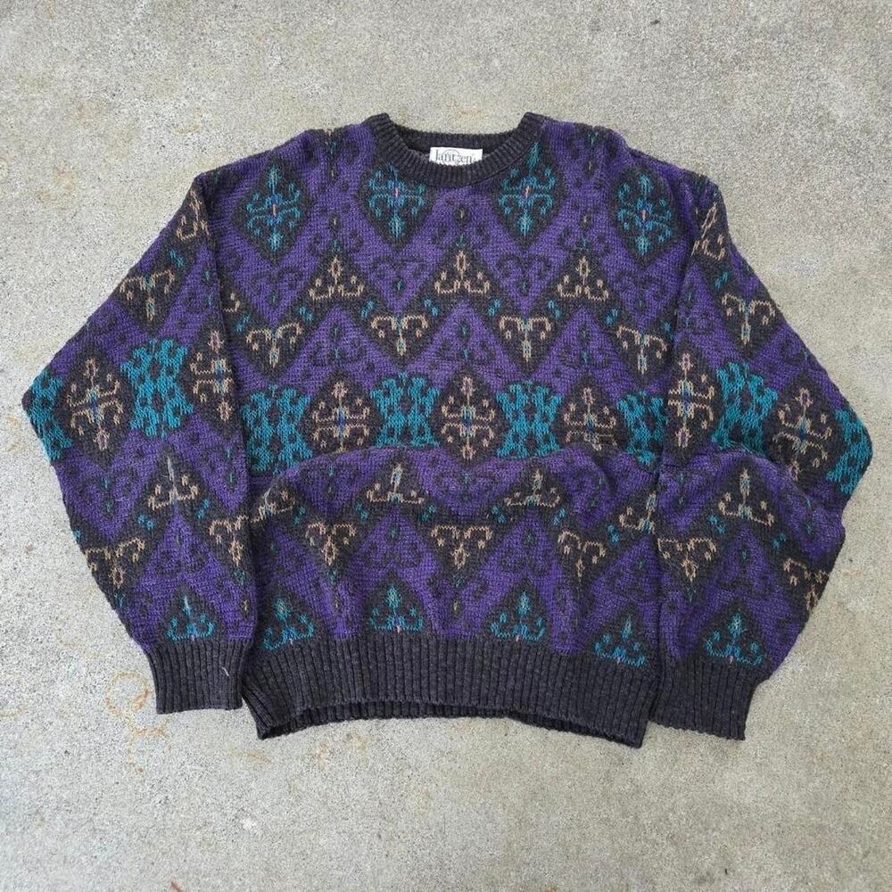 Vtg 90s JANTZEN Abstract Geometric All Over Pattern Knit Sweater Lg USA Made